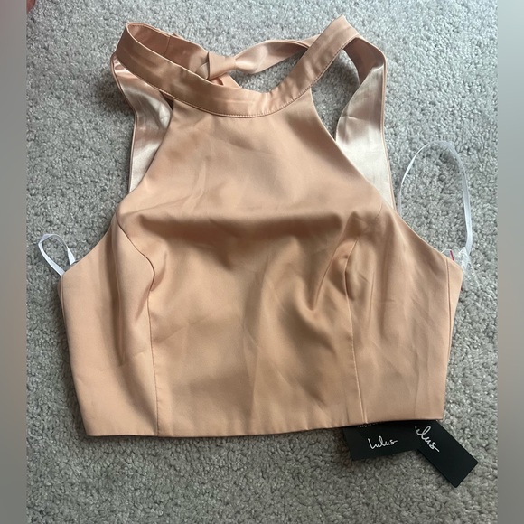 Lulus Strut and Stun Champagne Satin Halter Two-Piece Maxi Dress Size Small - Picture 9 of 14